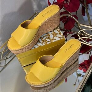 J.McLaughlin Butter Yellow Leather Cork Platform Wedge Slide Sandals Size 7.5